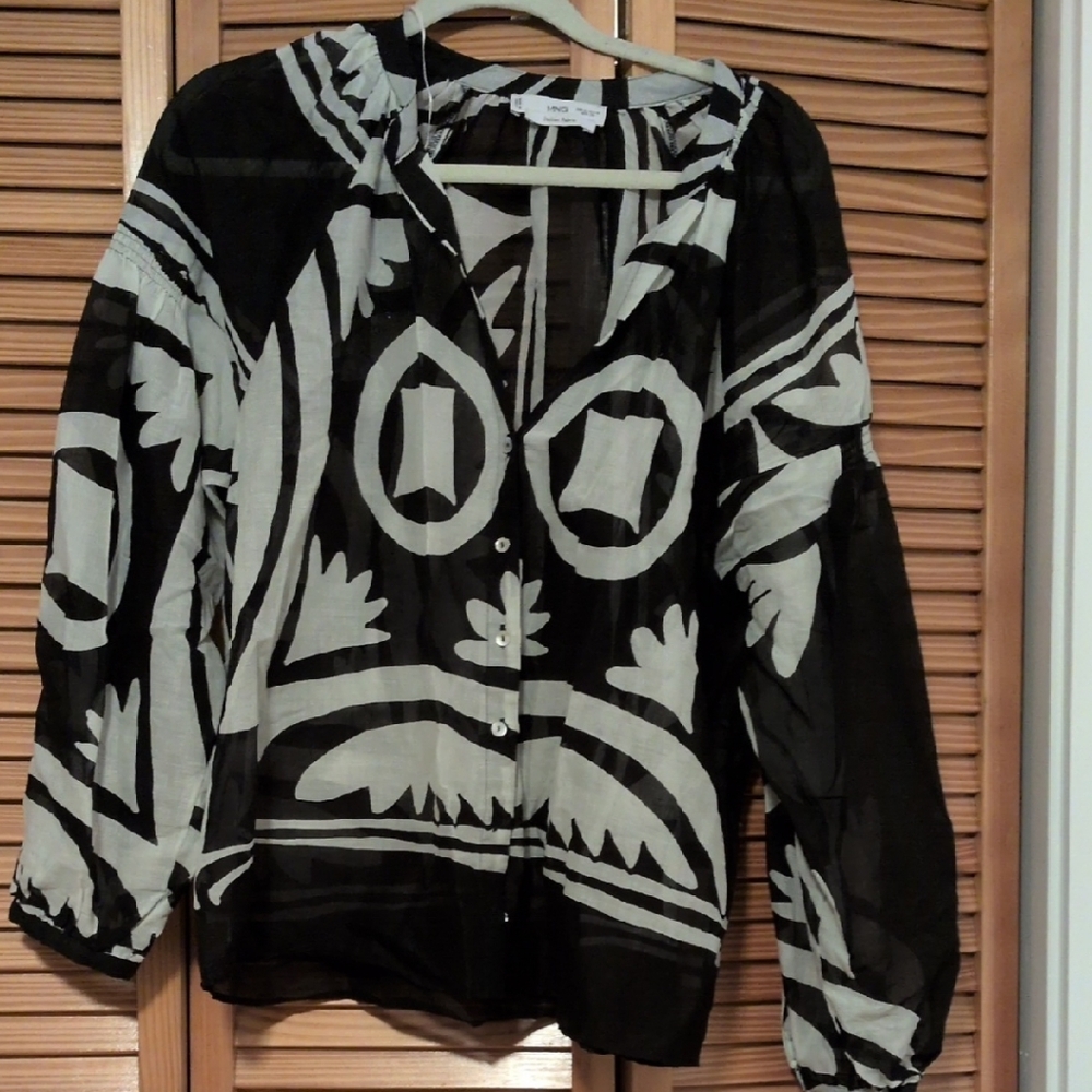Mango Black and White Graphic Button Down Shirt